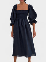 Atlanta schulterfreies Leinenkleid in navy - weddorable