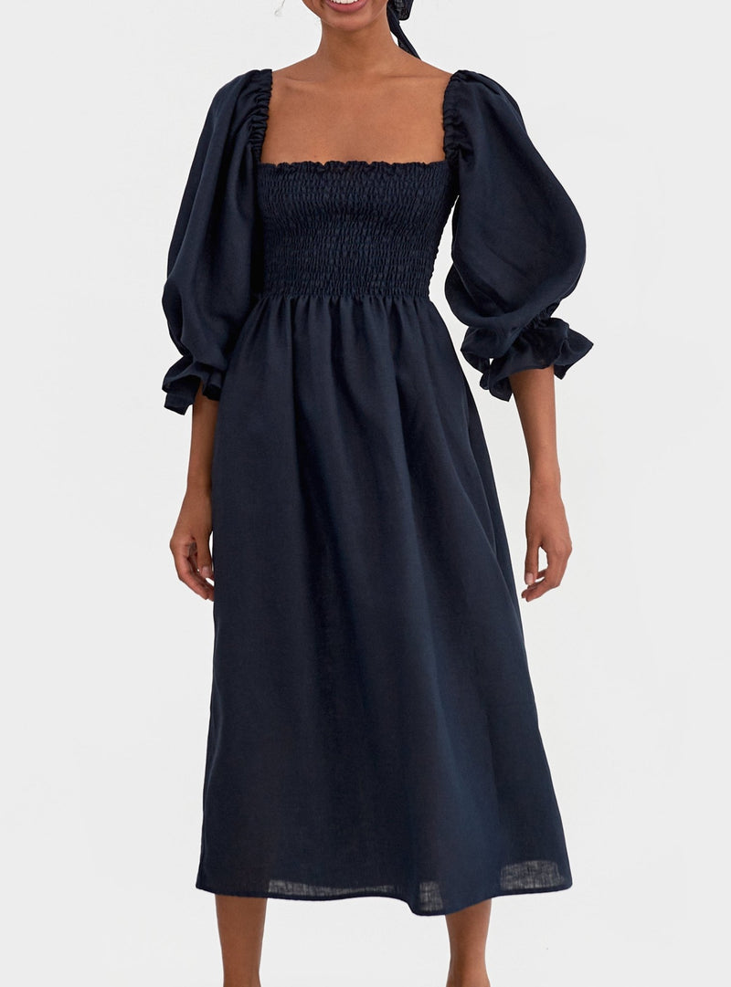 Atlanta schulterfreies Leinenkleid in navy - weddorable