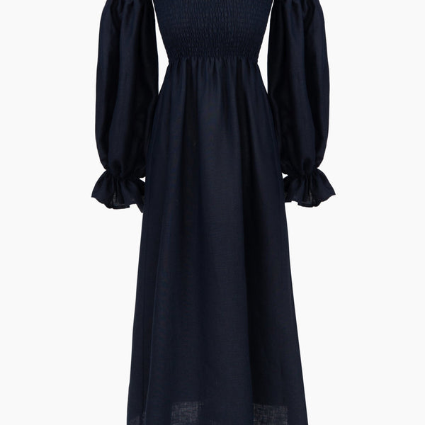 Atlanta off the shoulder linen dress in navy
