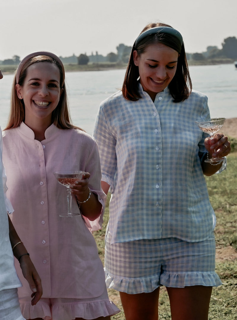 Leinen Lounge Pyjama blau-weiß